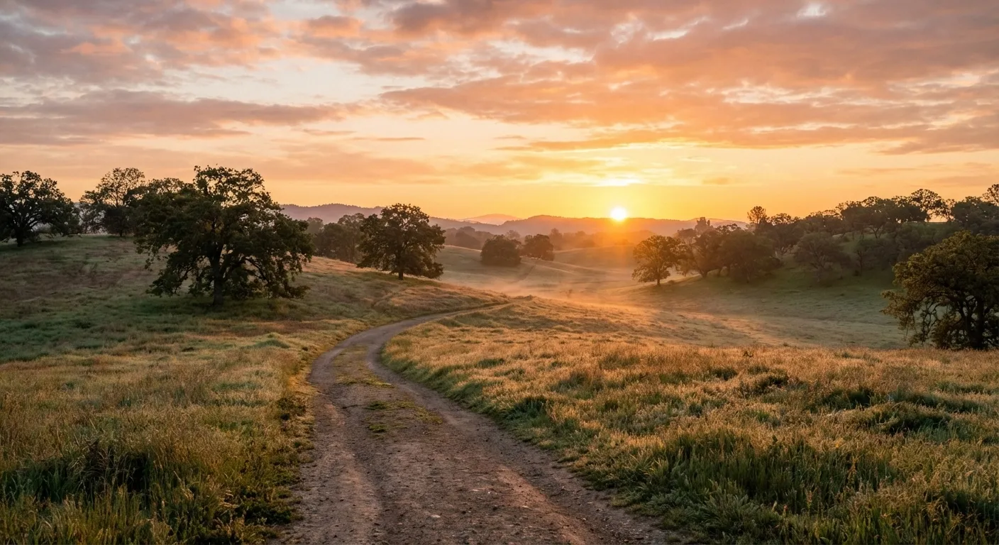 A peaceful dirt path winding through hills at sunrise, representing hope and biblical guidance for life's journey